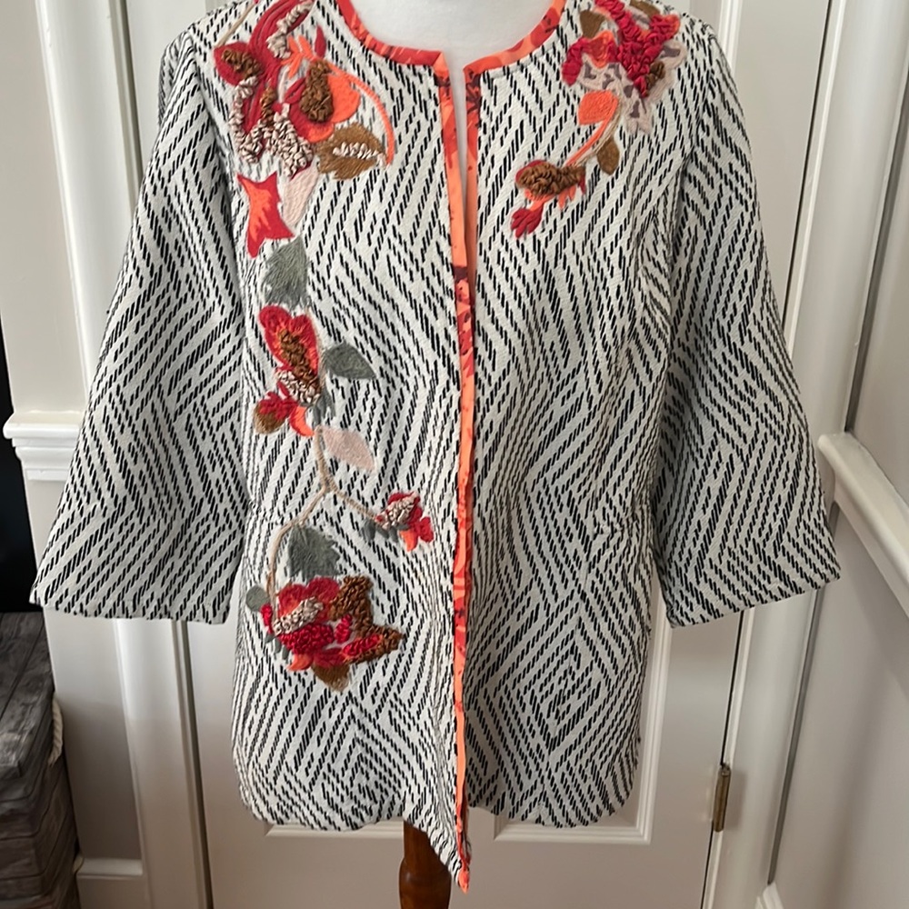 Chico’s Artisan Appliqué Embroidered Open Front Jacket size 2